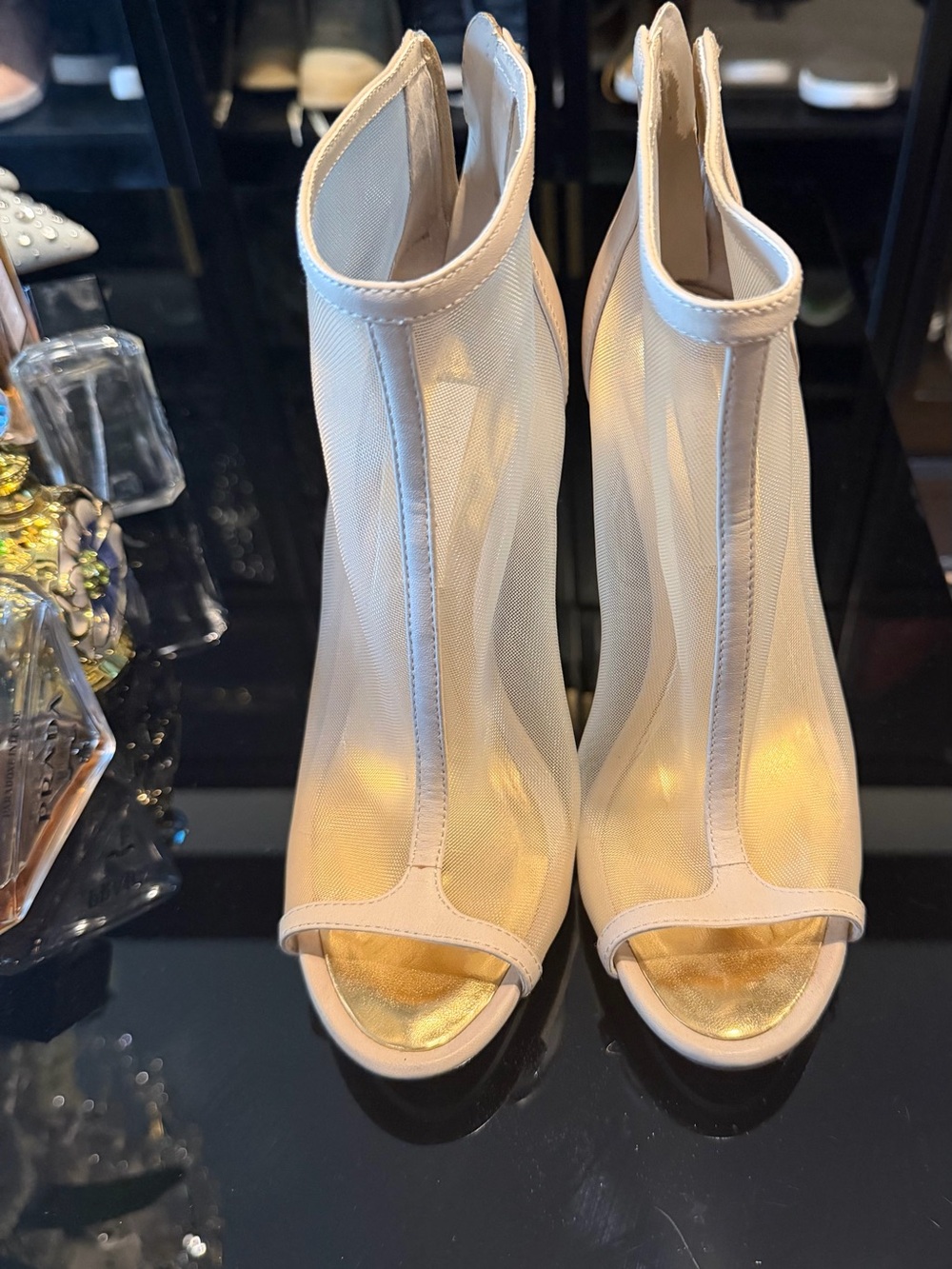 Vero Cuoio Sheer Peep-Toe Ankle Boots in Cream and Gold